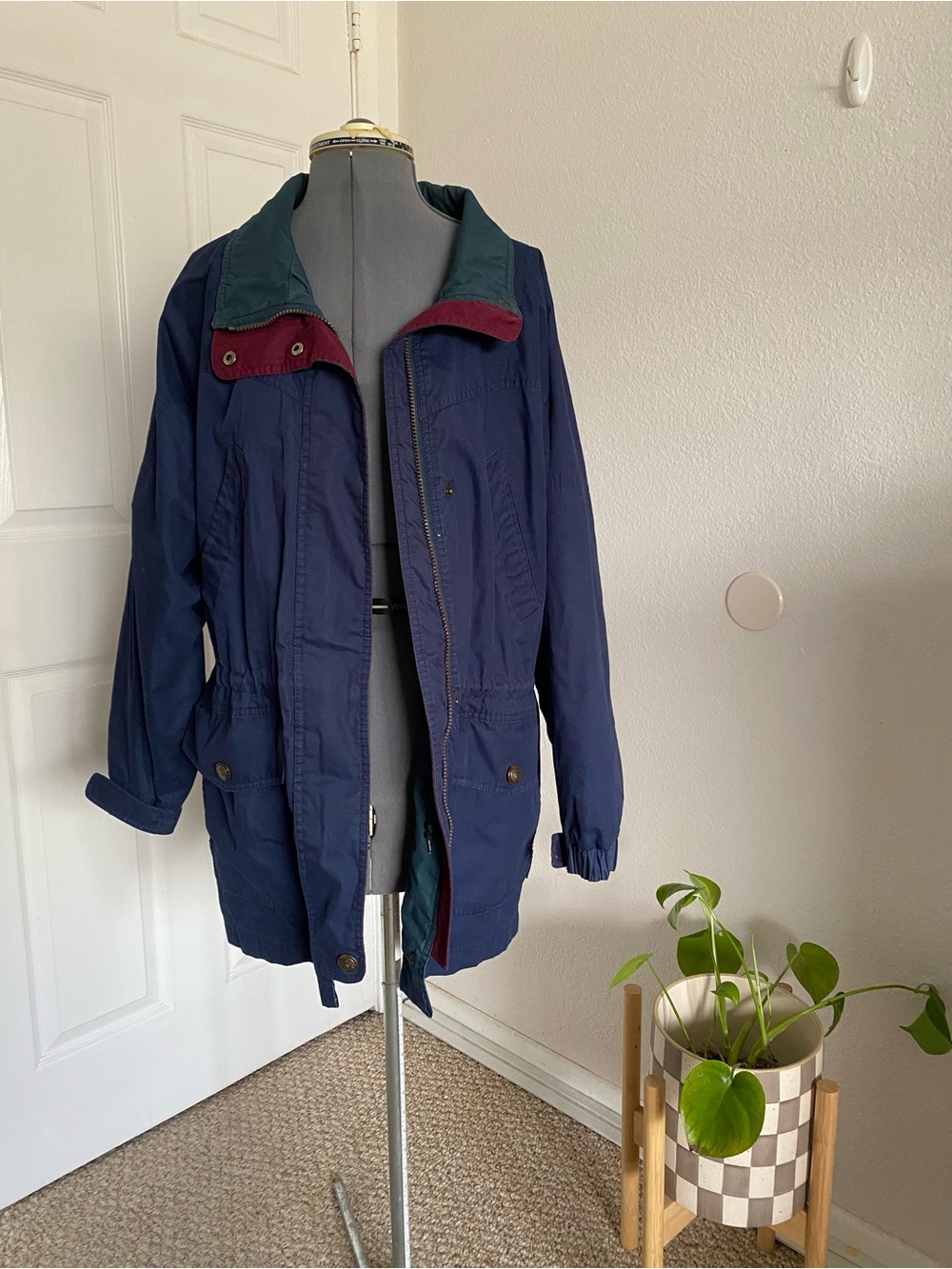 Navy Blue Hooded Anorak Jacket with Contrast Trim